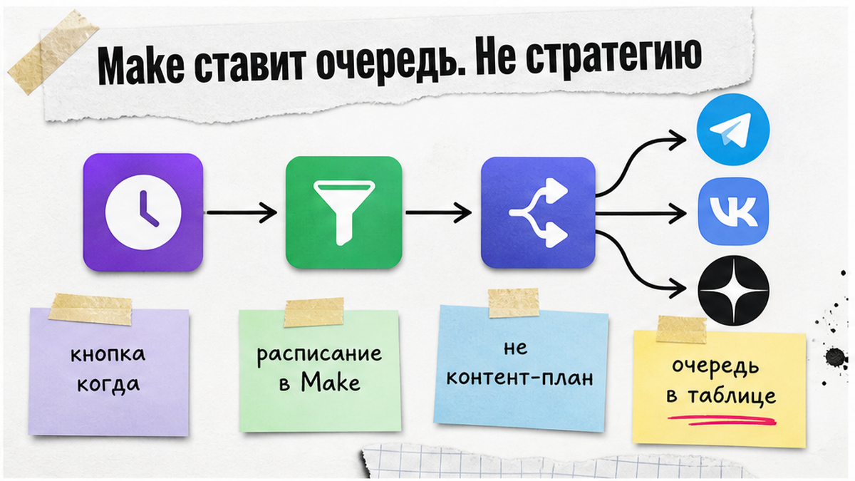 Схема: расписание и очередь в Make — кнопка «когда», не контент-план