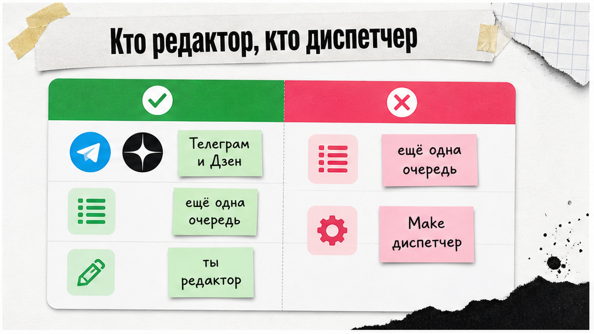 Схема: ты редактор контента, Make — только диспетчер публикации
