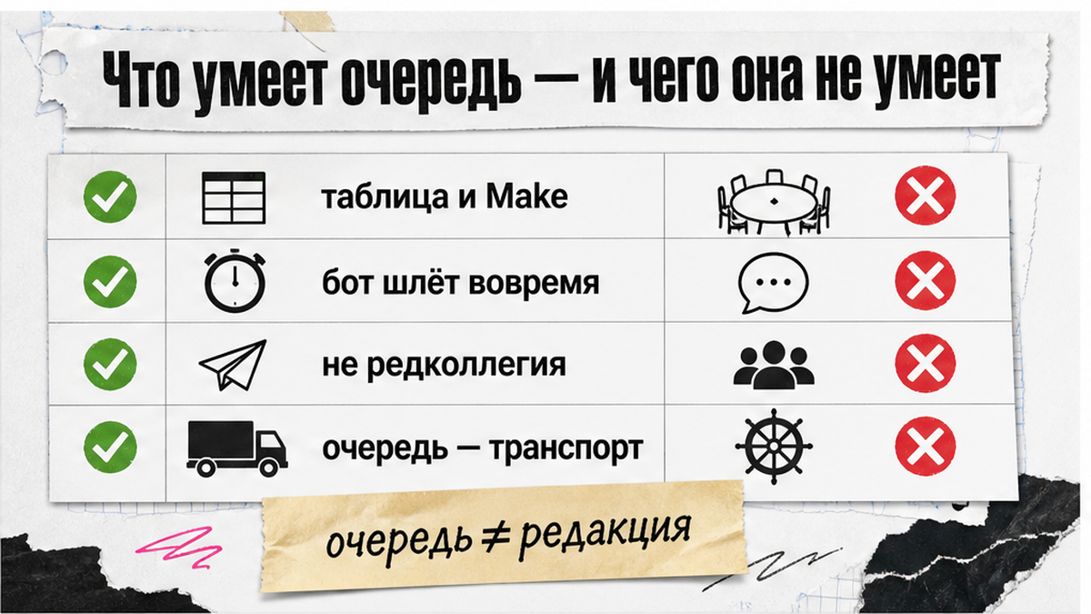 Схема: очередь публикации — транспорт, а не редколлегия