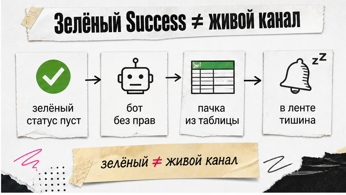 Схема: зелёный Success в Make не значит живой Telegram-канал