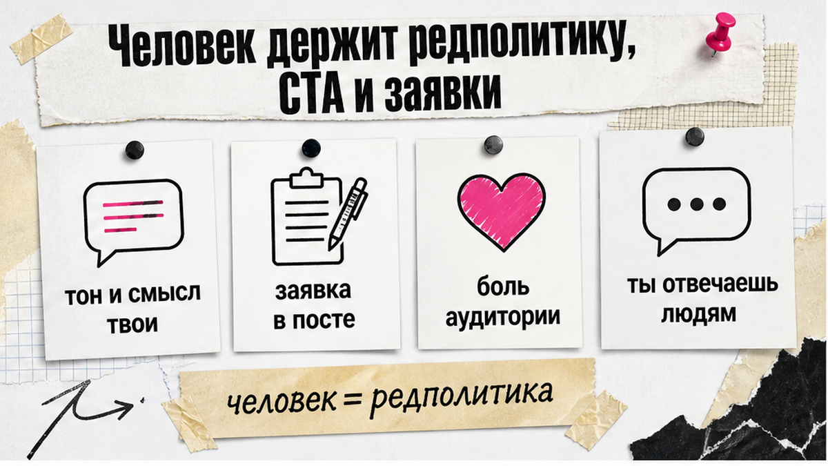Чеклист: тон, заявка, боль аудитории и ответы остаются на владельце