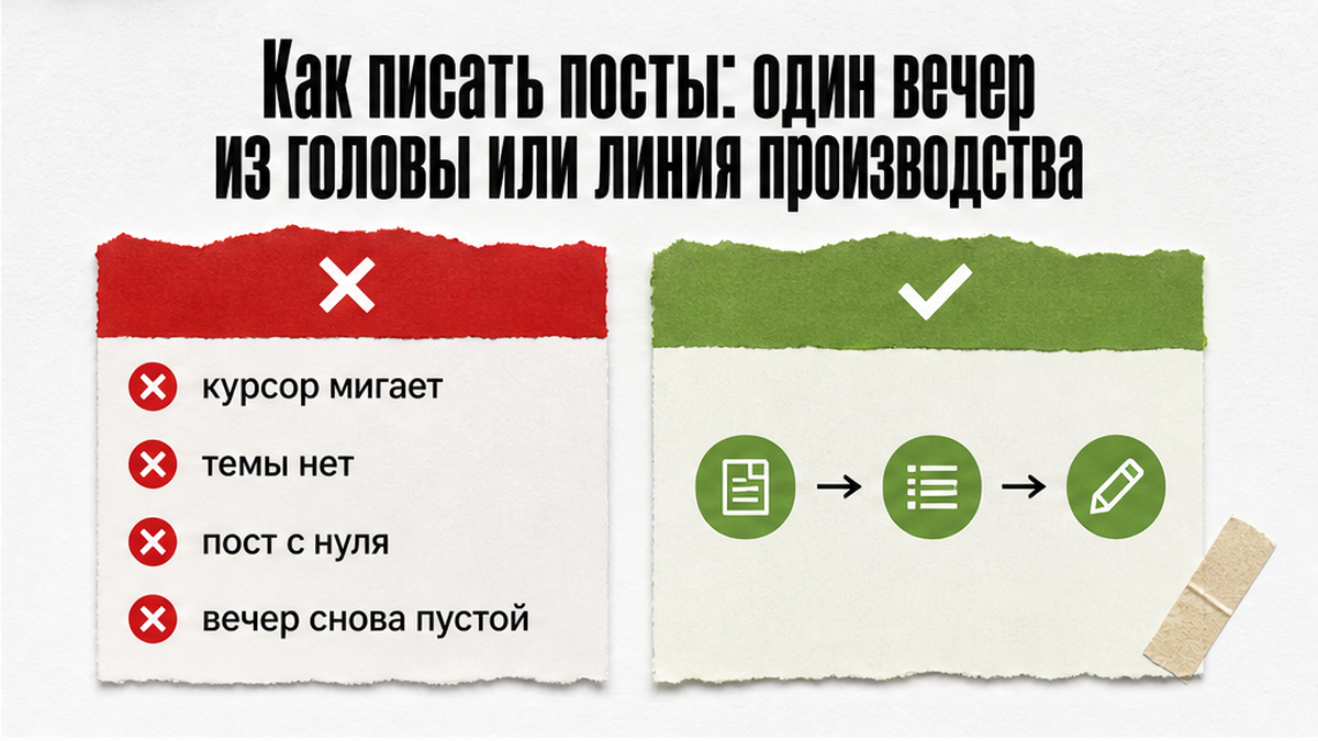 Сравнение: пост из головы вечером и линия производства