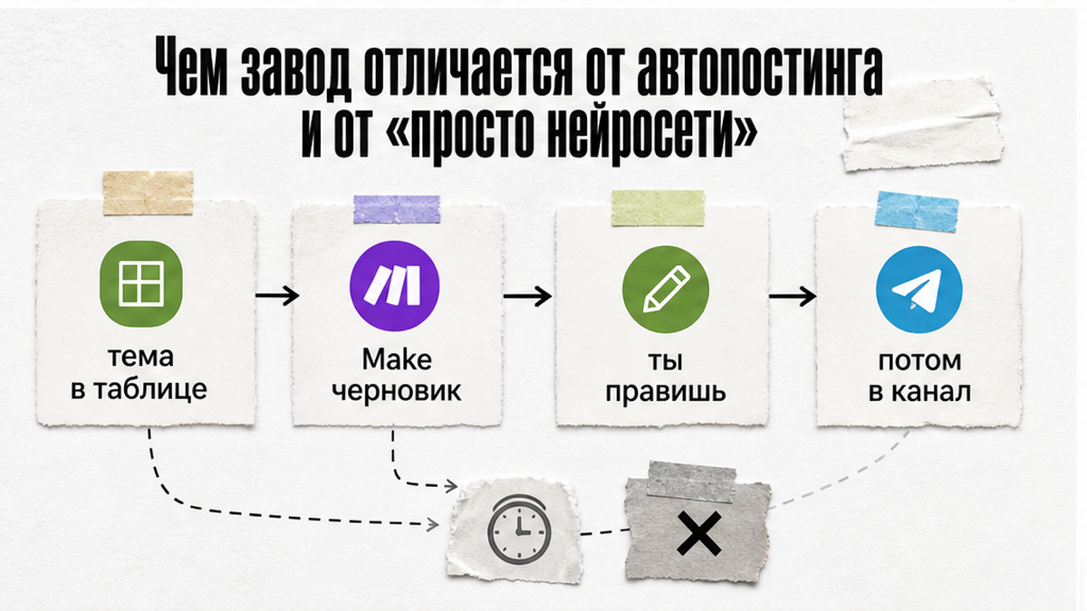 Схема: чем завод отличается от автопостинга и чата с нейросетью