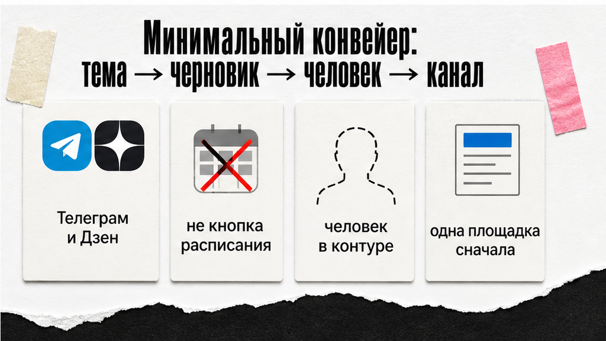 Карточка: минимальный конвейер тема → черновик → человек → канал