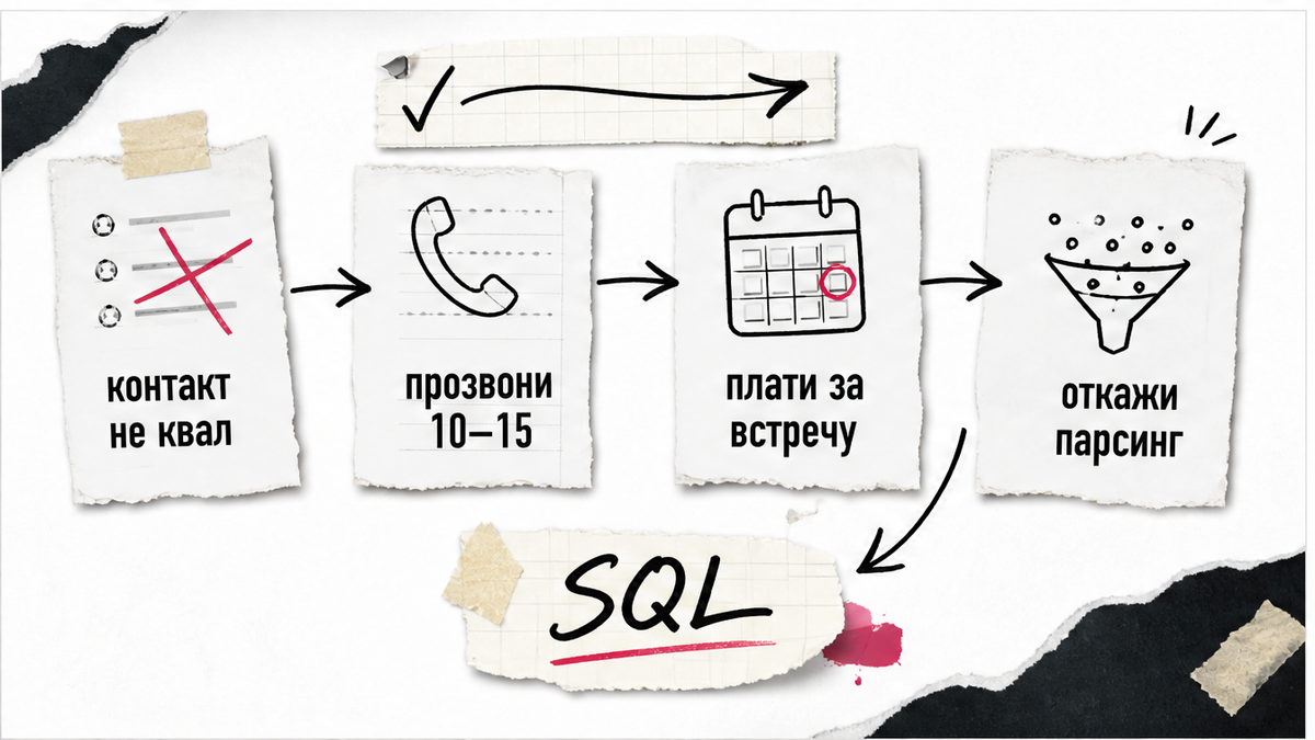 Схема: от контакта в CSV к проверке и оплате только за SQL