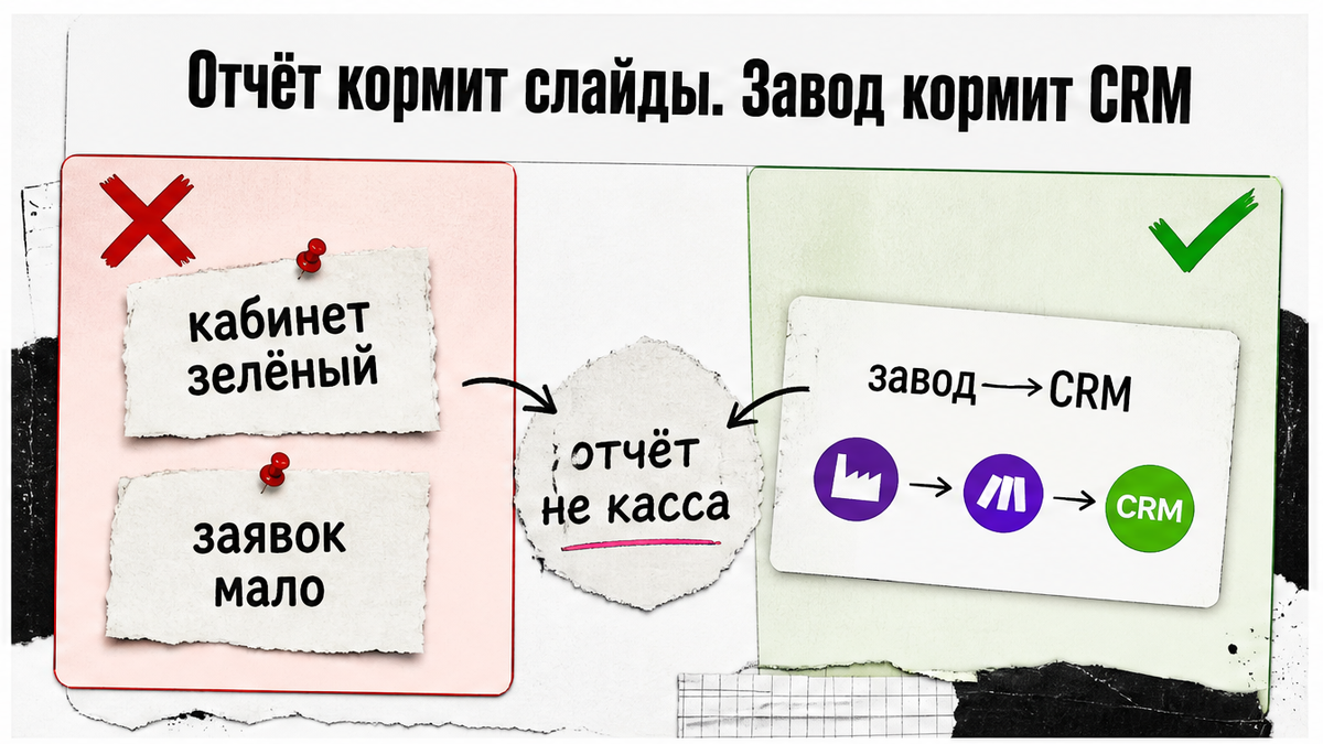 Сравнение: зелёный кабинет без заявок против завода, который кормит CRM