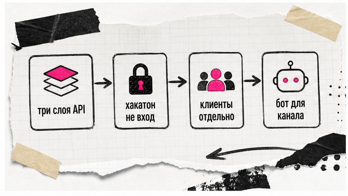 Схема трёх слоёв API MAX: хакатон, клиенты и бот для канала