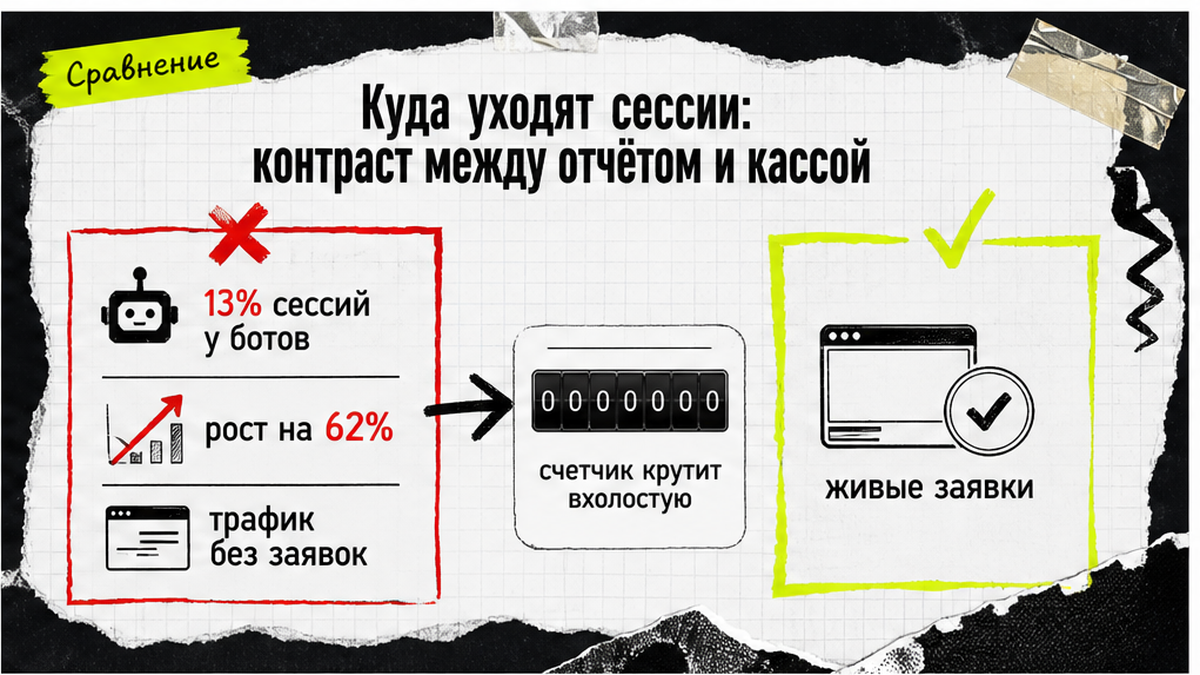 Сравнение: 13% сессий у ботов и рост трафика без заявок против живых клиентов