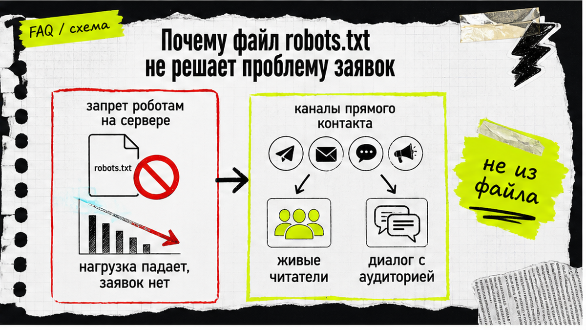 Схема: запрет в robots.txt не возвращает заявки — нужны каналы прямого контакта