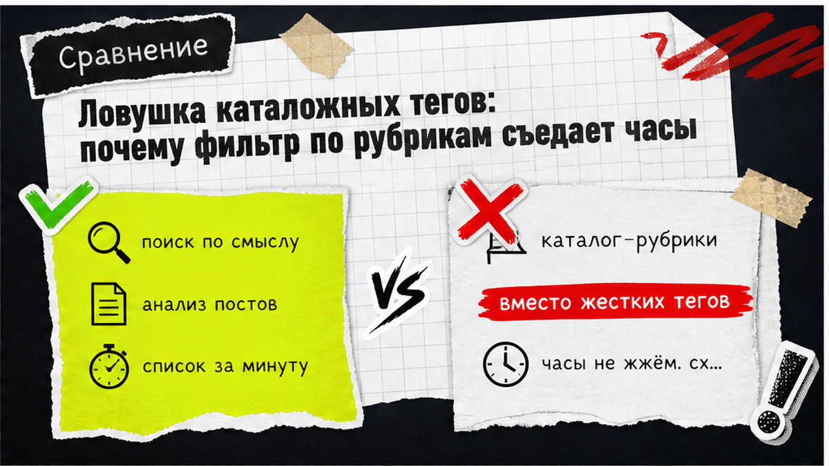 Сравнение: поиск по смыслу вместо каталожных тегов собирает список каналов за минуту