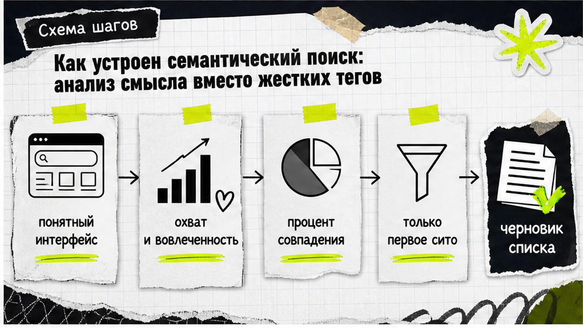 Схема семантического поиска: интерфейс, охват, процент совпадения и первичное сито