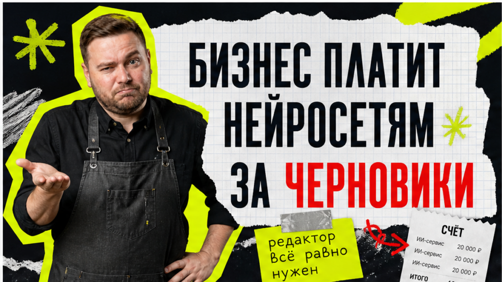 Иллюстрация: бизнес платит нейросетям за черновики, редактор всё равно нужен