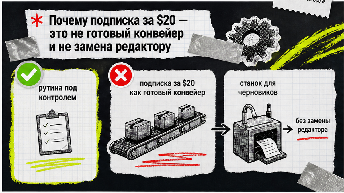 Сравнение: подписка за $20 даёт станок для черновиков, но не заменяет редактора