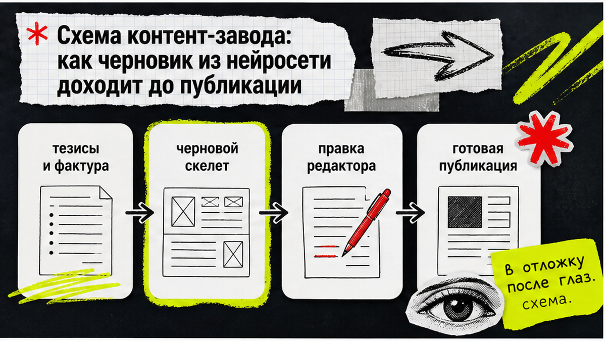 Схема контент-завода: от тезисов и чернового скелета до правки и публикации