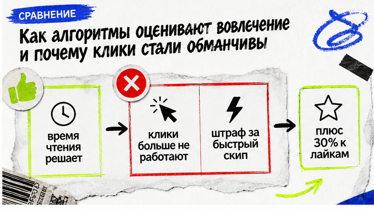 Сравнение: время чтения важнее кликов, быстрый скип штрафуется