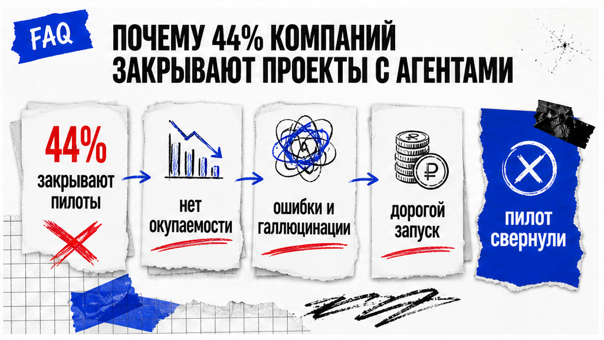 Схема: 44% компаний закрывают пилоты из-за окупаемости, ошибок и дорогого запуска