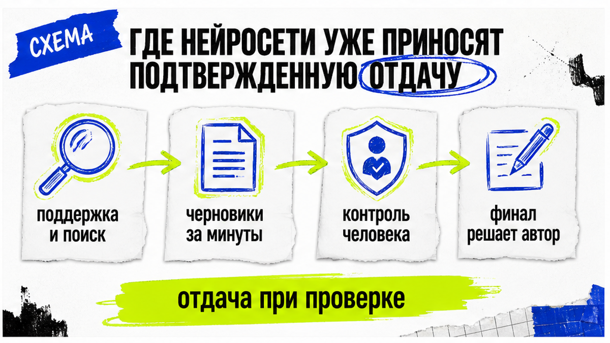 Схема: нейросети дают отдачу в поддержке и поиске, черновики за минуты, финал решает автор