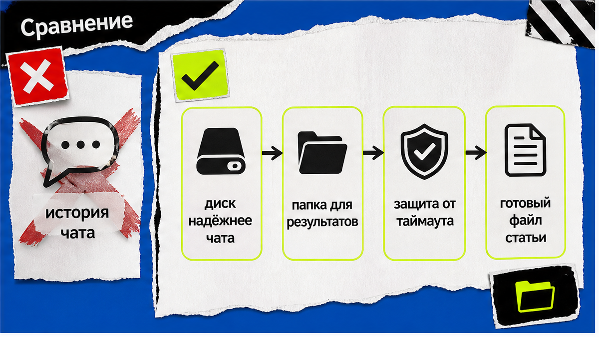 Сравнение: диск и папка результатов надёжнее истории чата при таймауте