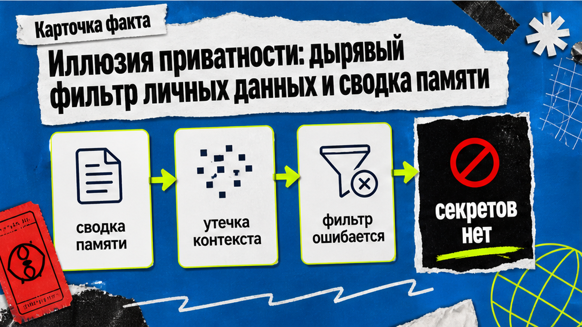 Карточка: сводка памяти, дырявый фильтр и утечка контекста — секретов в чате нет