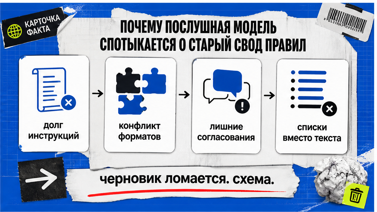 Схема: почему долг инструкций и конфликт форматов ломают черновики
