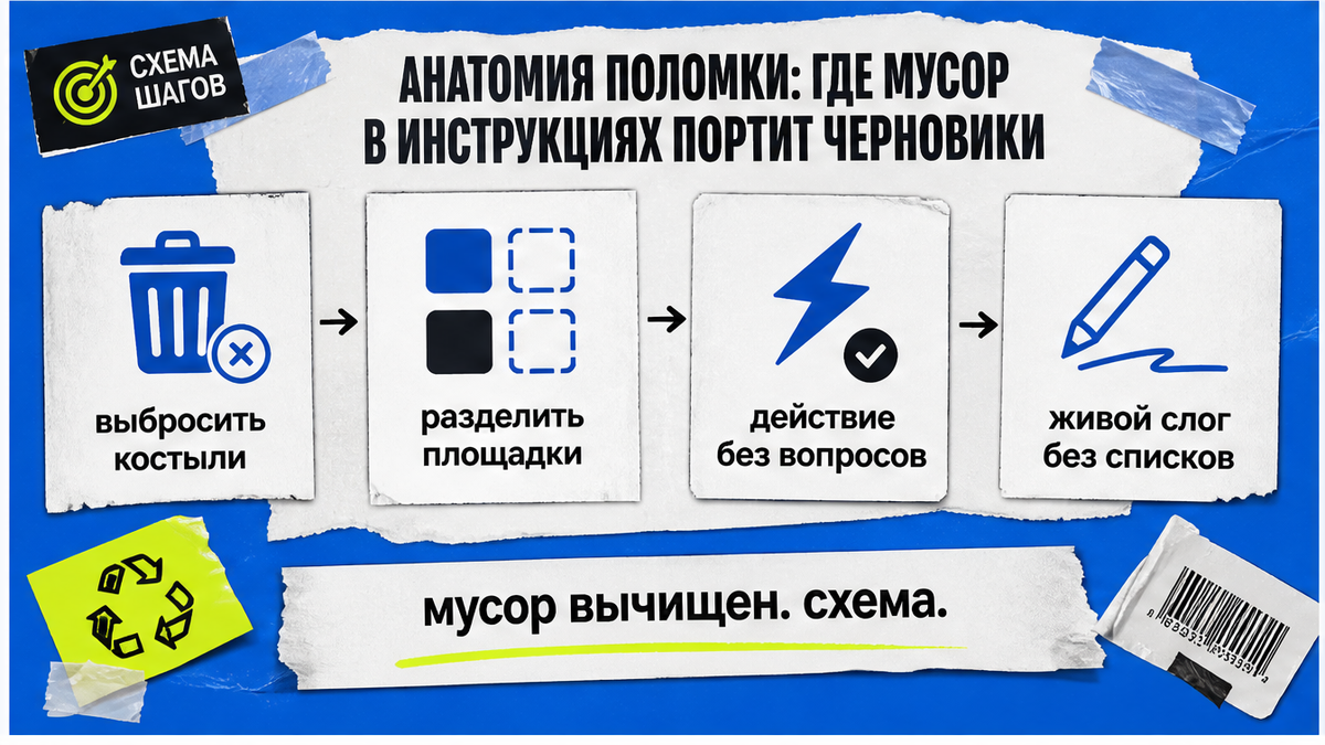 Схема: где мусор в инструкциях портит черновики и как его вычистить