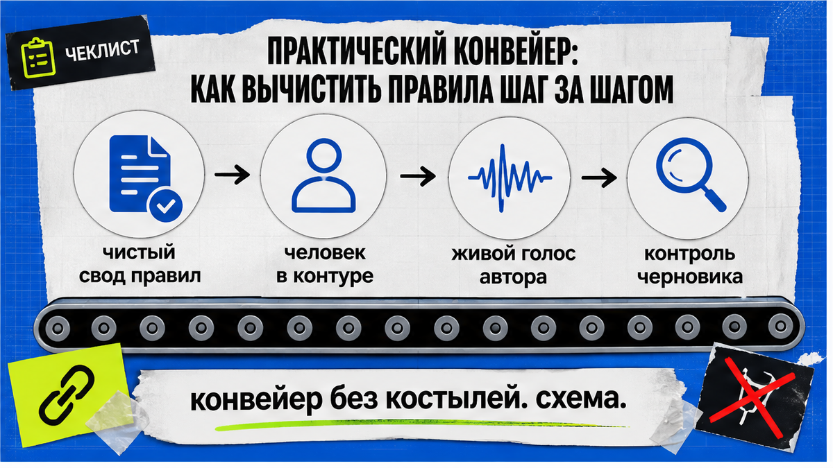 Чек-лист конвейера: чистый свод правил, человек в контуре и контроль черновика